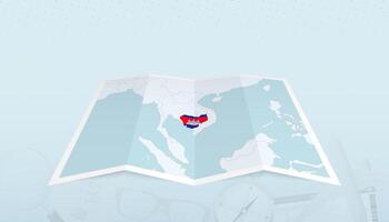 Map of Cambodia with the flag of Cambodia in the contour of the map on a trip abstract backdrop. vector