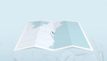 Map of Delaware with the flag of Delaware in the contour of the map on a trip abstract backdrop. vector