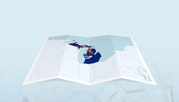 Map of Michigan with the flag of Michigan in the contour of the map on a trip abstract backdrop. vector