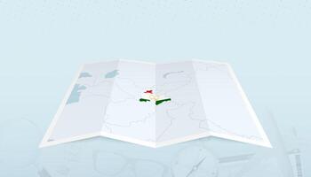 Map of Tajikistan with the flag of Tajikistan in the contour of the map on a trip abstract backdrop. vector