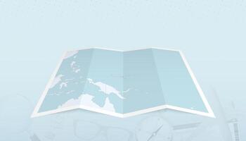 Map of Micronesia with the flag of Micronesia in the contour of the map on a trip abstract backdrop. vector