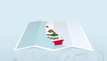 Map of California with the flag of California in the contour of the map on a trip abstract backdrop. vector