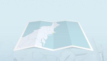 Map of Rhode Island with the flag of Rhode Island in the contour of the map on a trip abstract backdrop. vector