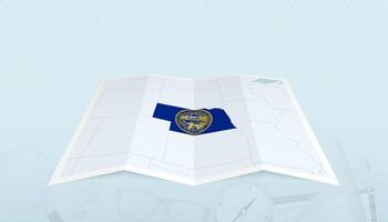 Map of Nebraska with the flag of Nebraska in the contour of the map on a trip abstract backdrop. vector