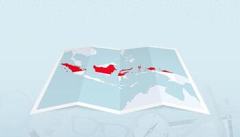 Map of Indonesia with the flag of Indonesia in the contour of the map on a trip abstract backdrop. vector