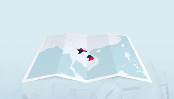 Map of Laos with the flag of Laos in the contour of the map on a trip abstract backdrop. vector