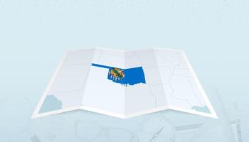 Map of Oklahoma with the flag of Oklahoma in the contour of the map on a trip abstract backdrop. vector