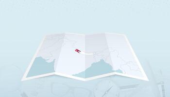 Map of Nepal with the flag of Nepal in the contour of the map on a trip abstract backdrop. vector