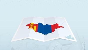 Map of Mongolia with the flag of Mongolia in the contour of the map on a trip abstract backdrop. vector