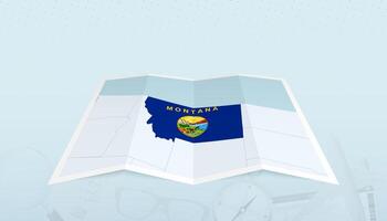 Map of Montana with the flag of Montana in the contour of the map on a trip abstract backdrop. vector