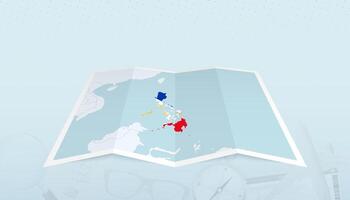 Map of Philippines with the flag of Philippines in the contour of the map on a trip abstract backdrop. vector