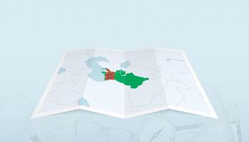 Map of Turkmenistan with the flag of Turkmenistan in the contour of the map on a trip abstract backdrop. vector