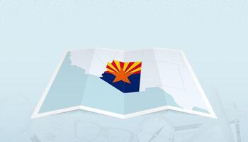 Map of Arizona with the flag of Arizona in the contour of the map on a trip abstract backdrop. vector