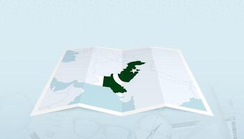 Map of Pakistan with the flag of Pakistan in the contour of the map on a trip abstract backdrop. vector