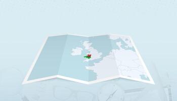 Map of Wales with the flag of Wales in the contour of the map on a trip abstract backdrop. vector