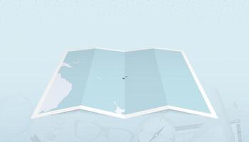 Map of Fiji with the flag of Fiji in the contour of the map on a trip abstract backdrop. vector