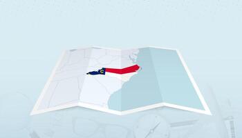 Map of North Carolina with the flag of North Carolina in the contour of the map on a trip abstract backdrop. vector