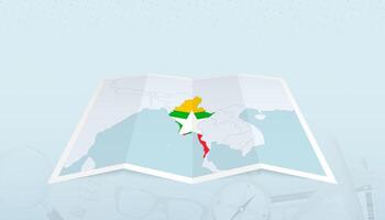 Map of Myanmar with the flag of Myanmar in the contour of the map on a trip abstract backdrop. vector