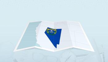 Map of Nevada with the flag of Nevada in the contour of the map on a trip abstract backdrop. vector