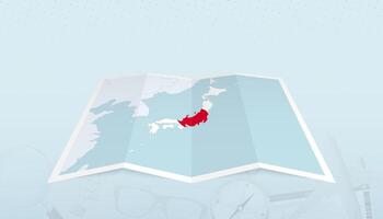 Map of Japan with the flag of Japan in the contour of the map on a trip abstract backdrop. vector