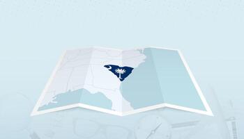 Map of South Carolina with the flag of South Carolina in the contour of the map on a trip abstract backdrop. vector