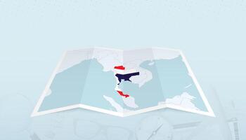 Map of Thailand with the flag of Thailand in the contour of the map on a trip abstract backdrop. vector