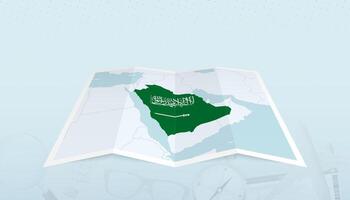 Map of Saudi Arabia with the flag of Saudi Arabia in the contour of the map on a trip abstract backdrop. vector