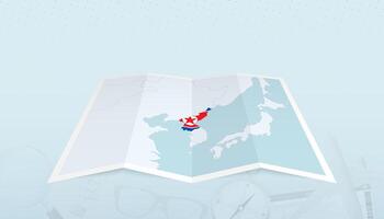 Map of North Korea with the flag of North Korea in the contour of the map on a trip abstract backdrop. vector