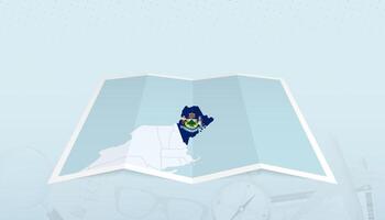 Map of Maine with the flag of Maine in the contour of the map on a trip abstract backdrop. vector