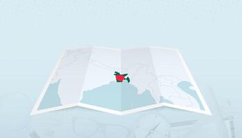 Map of Bangladesh with the flag of Bangladesh in the contour of the map on a trip abstract backdrop. vector
