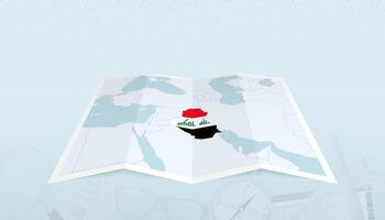 Map of Iraq with the flag of Iraq in the contour of the map on a trip abstract backdrop. vector