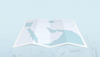 Map of Bahrain with the flag of Bahrain in the contour of the map on a trip abstract backdrop. vector