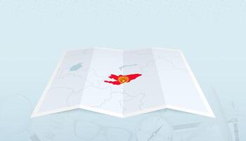 Map of Kyrgyzstan with the flag of Kyrgyzstan in the contour of the map on a trip abstract backdrop. vector