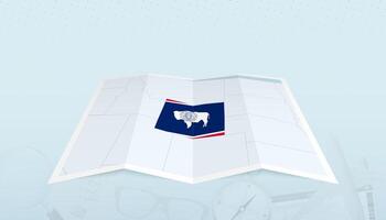 Map of Wyoming with the flag of Wyoming in the contour of the map on a trip abstract backdrop. vector