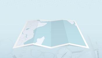 Map of Seychelles with the flag of Seychelles in the contour of the map on a trip abstract backdrop. vector