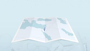 Map of Israel with the flag of Israel in the contour of the map on a trip abstract backdrop. vector