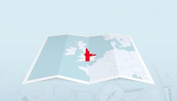 Map of England with the flag of England in the contour of the map on a trip abstract backdrop. vector