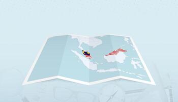 Map of Malaysia with the flag of Malaysia in the contour of the map on a trip abstract backdrop. vector