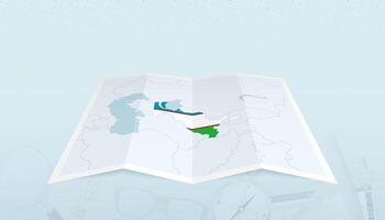 Map of Uzbekistan with the flag of Uzbekistan in the contour of the map on a trip abstract backdrop. vector