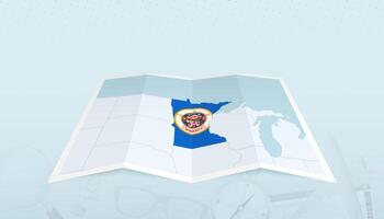 Map of Minnesota with the flag of Minnesota in the contour of the map on a trip abstract backdrop. vector