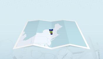 Map of Vermont with the flag of Vermont in the contour of the map on a trip abstract backdrop. vector