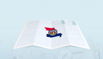 Map of Missouri with the flag of Missouri in the contour of the map on a trip abstract backdrop. vector