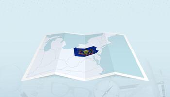 Map of Pennsylvania with the flag of Pennsylvania in the contour of the map on a trip abstract backdrop. vector