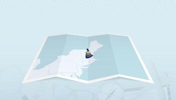 Map of New Hampshire with the flag of New Hampshire in the contour of the map on a trip abstract backdrop. vector