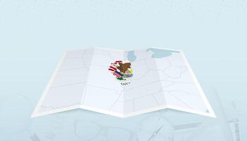 Map of Illinois with the flag of Illinois in the contour of the map on a trip abstract backdrop. vector