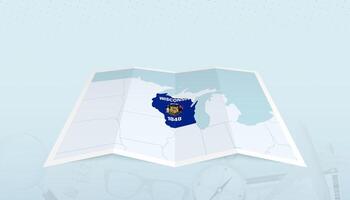 Map of Wisconsin with the flag of Wisconsin in the contour of the map on a trip abstract backdrop. vector