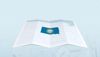 Map of South Dakota with the flag of South Dakota in the contour of the map on a trip abstract backdrop. vector