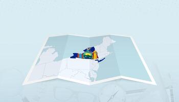 Map of New York with the flag of New York in the contour of the map on a trip abstract backdrop. vector