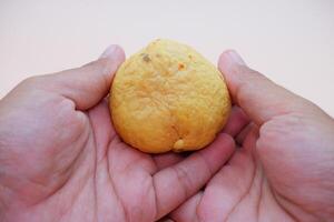 Hand presenting a clean avocado seed on a warm white orange background photo