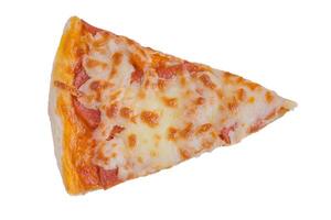 One piece of pizza with cheese and sausage isolated on white. photo
